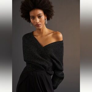 anthropologie❤️‍🔥🤍🖤Shimmer Surplice Pullover Sweater